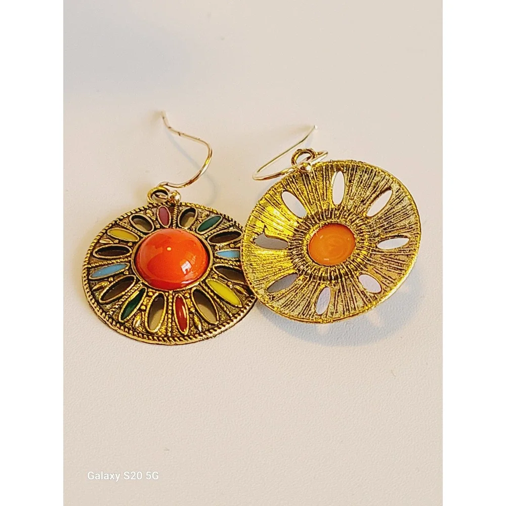 Gold Tone‎ Multi Color Enamel Sunburst Boho Drop Earrings Orange Cabochon Round